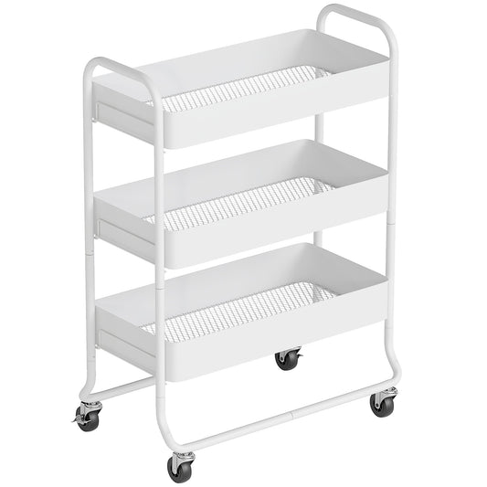 HOMCOM 3-Tier Storage Trolley on Wheels in white with three mesh shelves and four castor wheels
