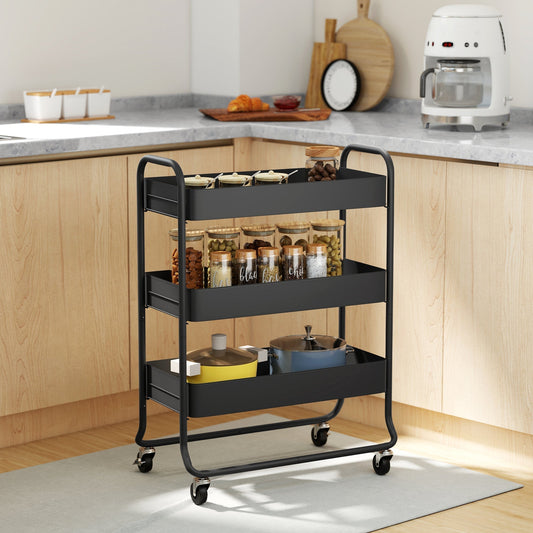 The kitchen furniture is shown in a domestic kitchen setting, holding jars and pots on its three shelves