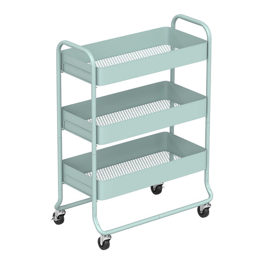 HOMCOM 3-Tier Storage Trolley on Wheels in light green with three mesh shelves and four castor wheels