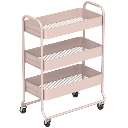 HOMCOM 3-Tier Storage Trolley on Wheels in light pink with three mesh shelves and four castor wheels