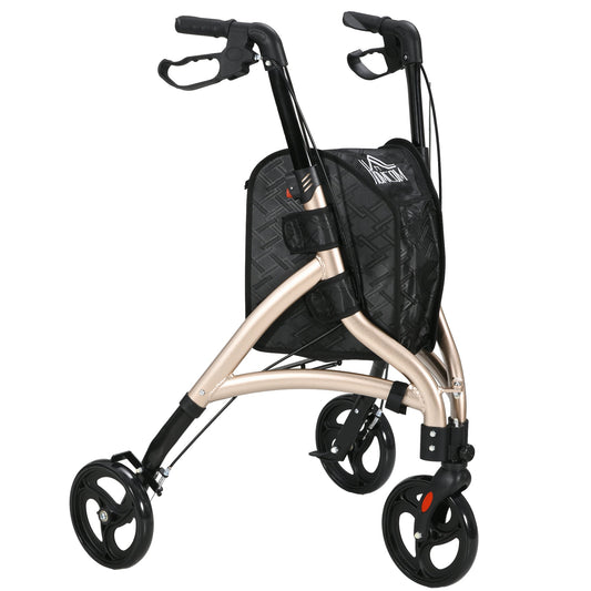 HOMCOM 3 Wheel Rollator in gold tone with a storage bag and three wheels