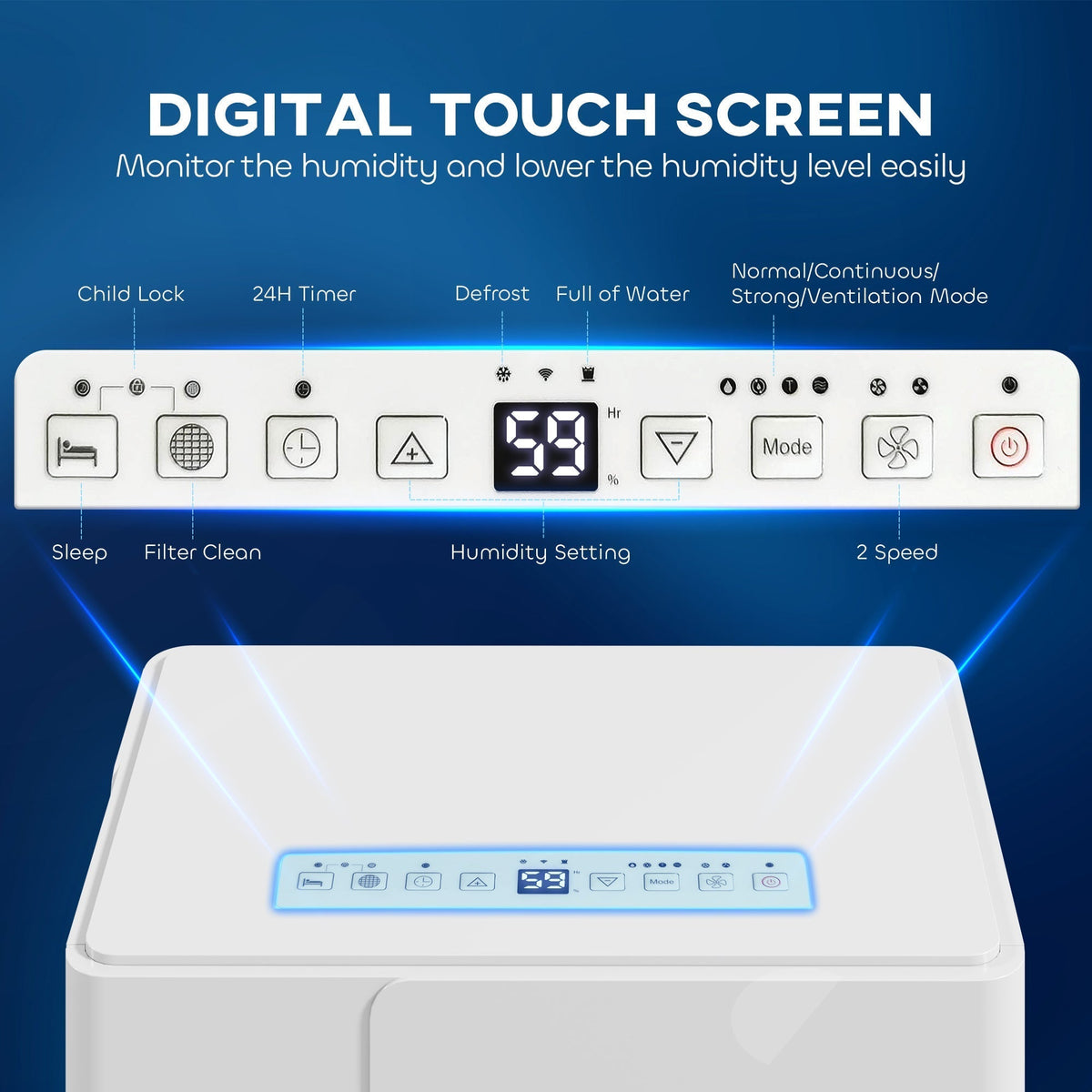 The digital touch screen panel on top of the clothes dryer dehumidifier with illuminated icons