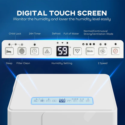 The digital touch screen panel on top of the clothes dryer dehumidifier with illuminated icons