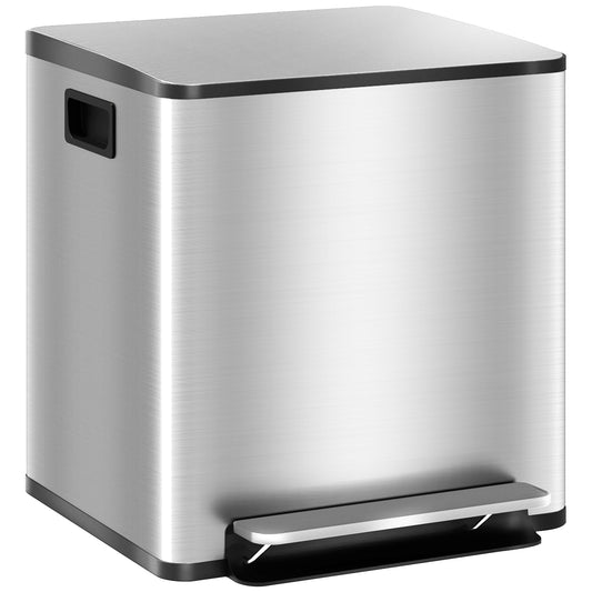 HOMCOM 30L Dual Compartment Stainless Steel Bin, a modern silver bin with a foot pedal