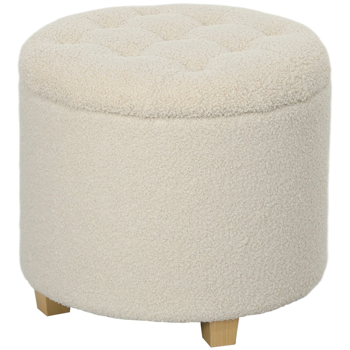 HOMCOM 40.5L Teddy Fleece Storage Ottoman in cream white, a round upholstered footstool with buttoned lid and wooden legs