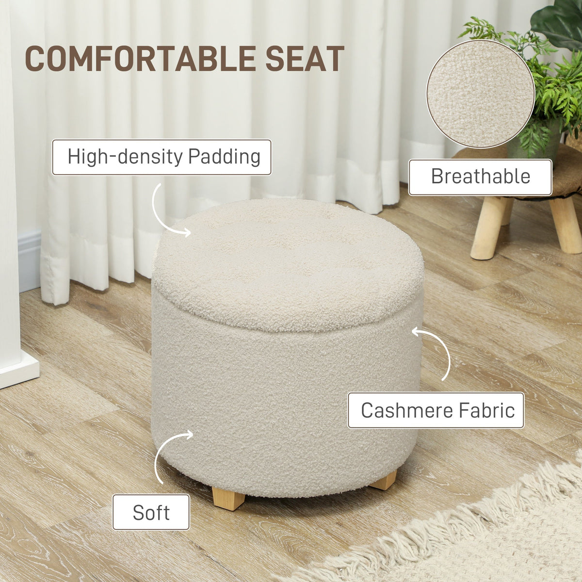 Close up of the cream white teddy fleece storage ottoman highlighting its soft texture and comfortable seat