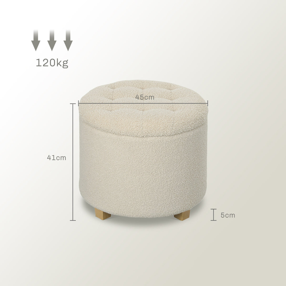 Cream white teddy fleece storage ottoman with dimensions indicated