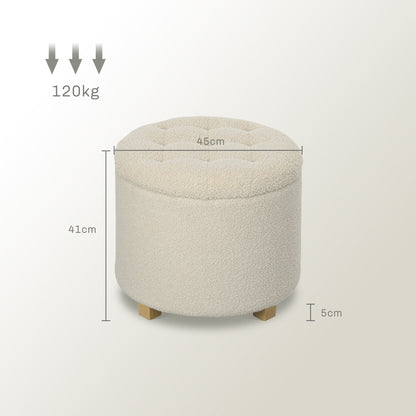 Cream white teddy fleece storage ottoman with dimensions indicated
