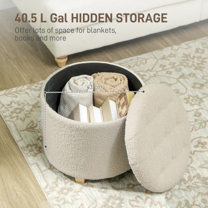 Open cream white teddy fleece storage ottoman showing internal storage space with blankets and books
