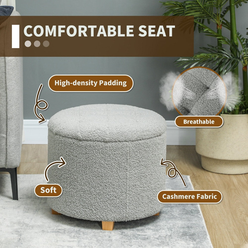 Grey teddy fleece storage ottoman with features highlighted like padding and breathability