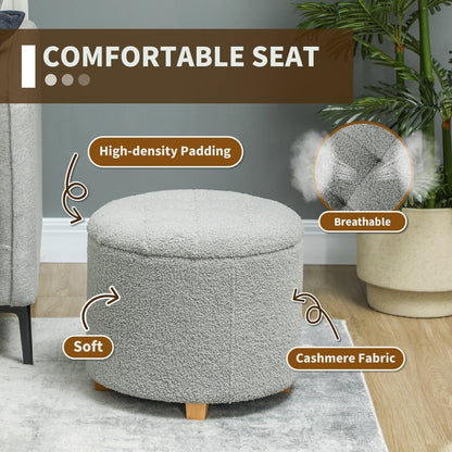 Grey teddy fleece storage ottoman with features highlighted like padding and breathability