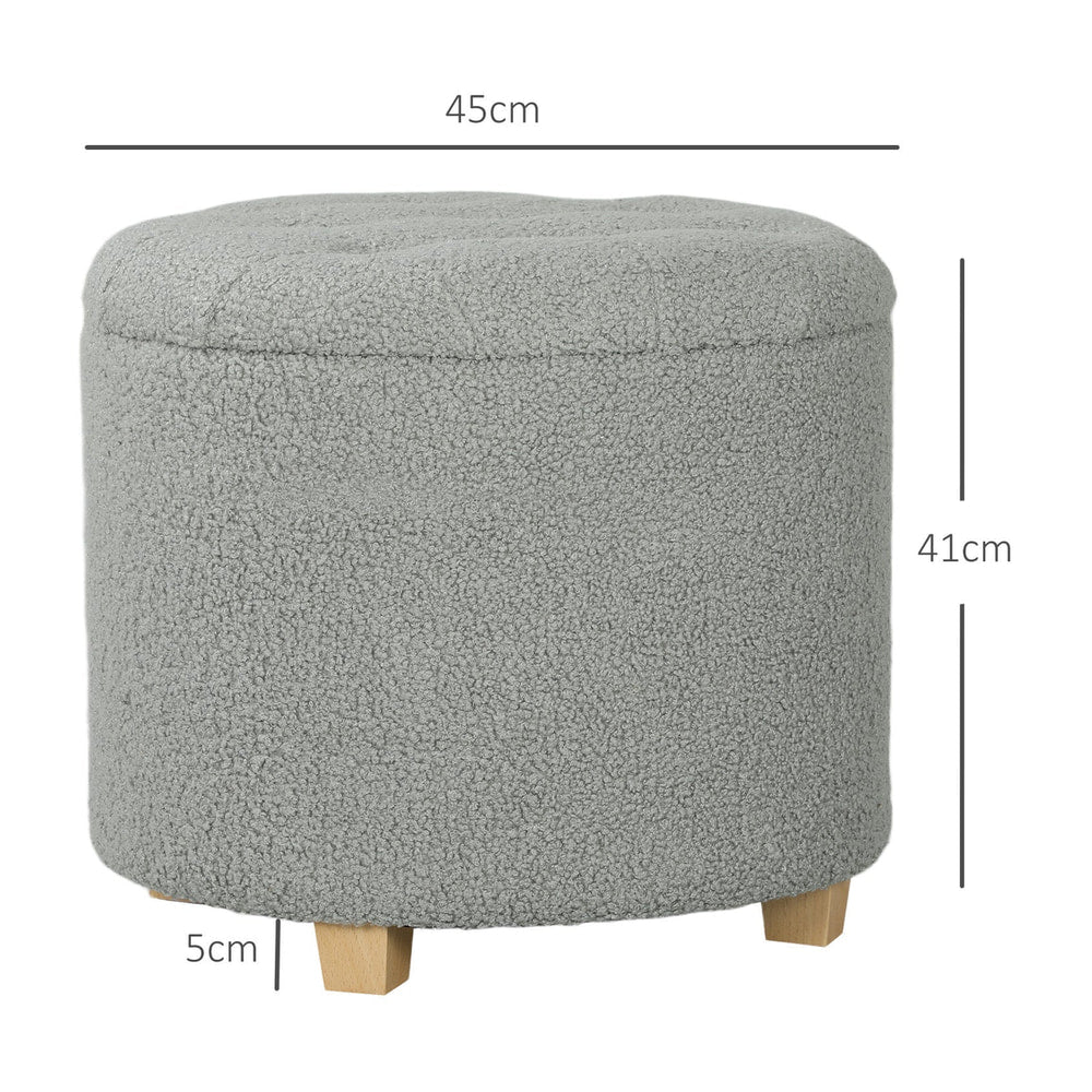 Grey teddy fleece storage ottoman with dimensions labelled