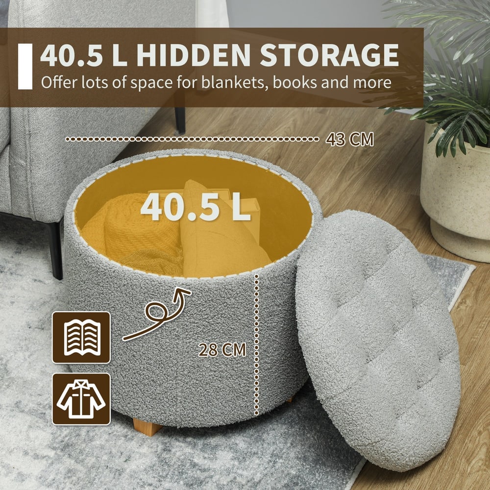 Open grey teddy fleece storage ottoman showing 40.5L capacity for storage