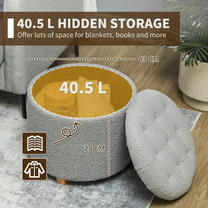 Open grey teddy fleece storage ottoman showing 40.5L capacity for storage