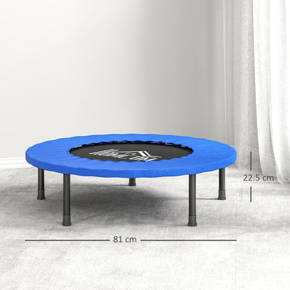 Mini fitness trampoline with blue safety pad and dimensions shown