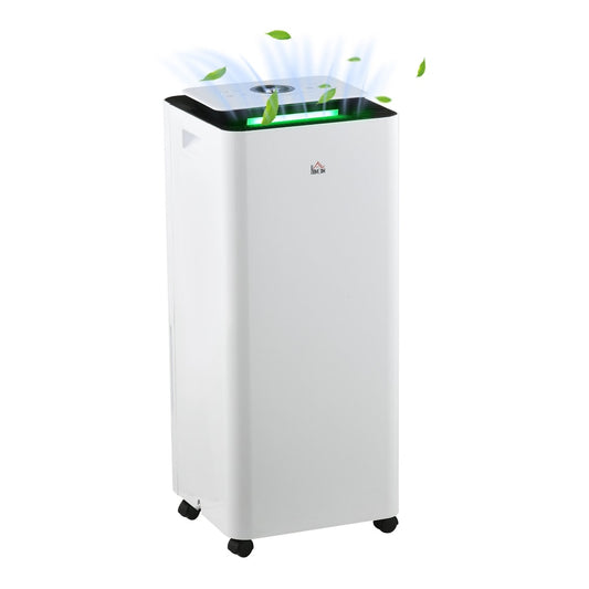 HOMCOM 3500mL Portable Dehumidifier with Air Purifier, a white unit with a green light strip on top and wheels at the base