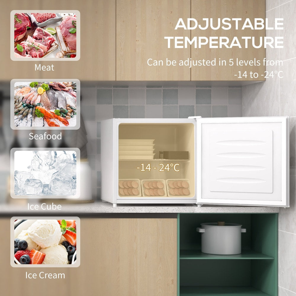 Open door of the small kitchen appliance showing food items and temperature setting