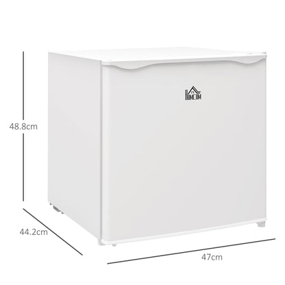 Dimensions of the white mini freezer shown with measurement lines