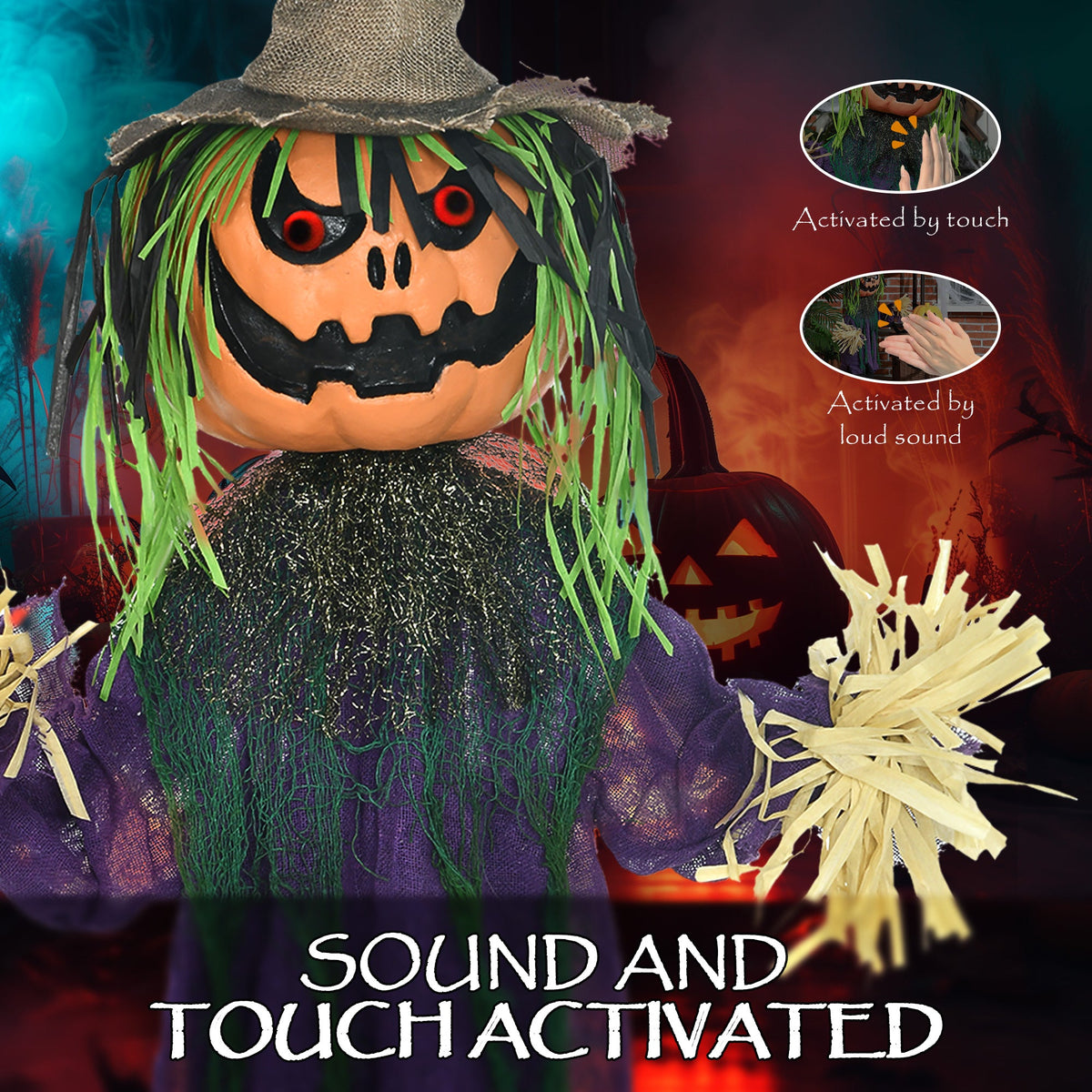 The Halloween animatronic with text about activation methods