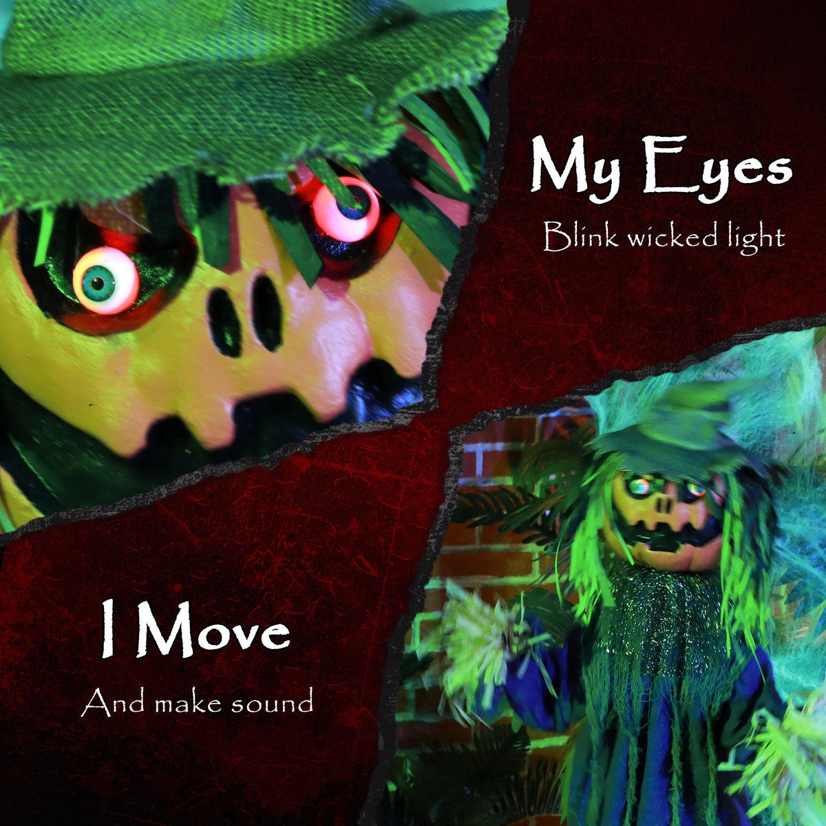 The Halloween animatronic with text about eyes and movement