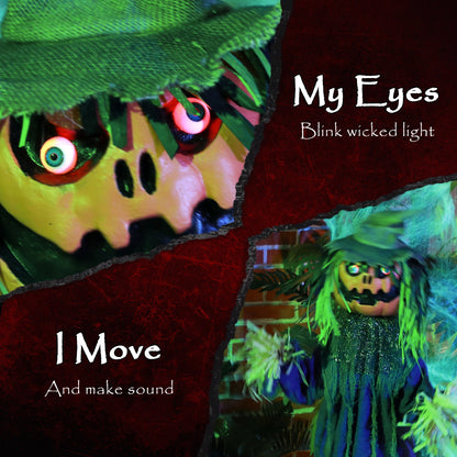 The Halloween animatronic with text about eyes and movement
