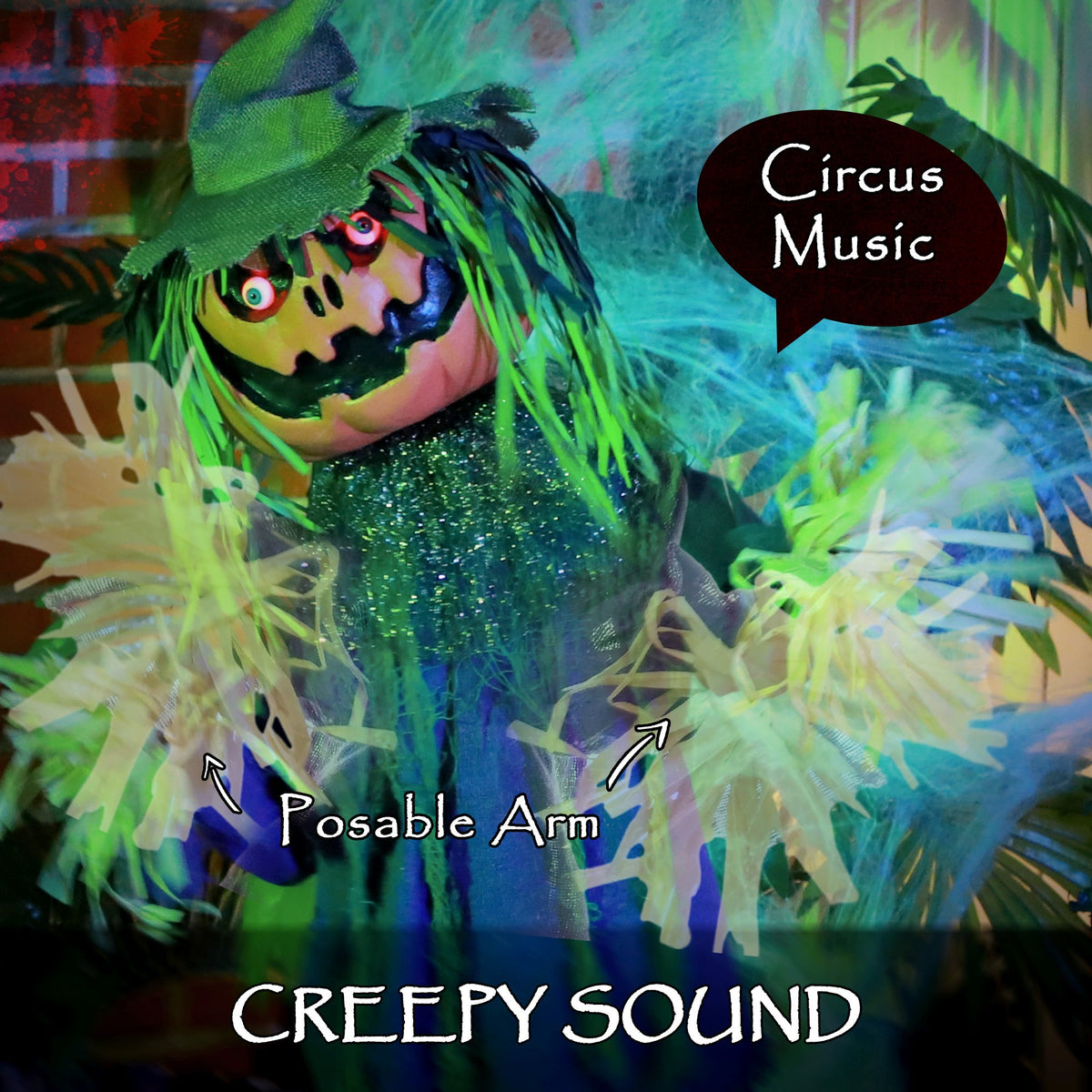 Close up of the Halloween animatronic with text about sound and arms