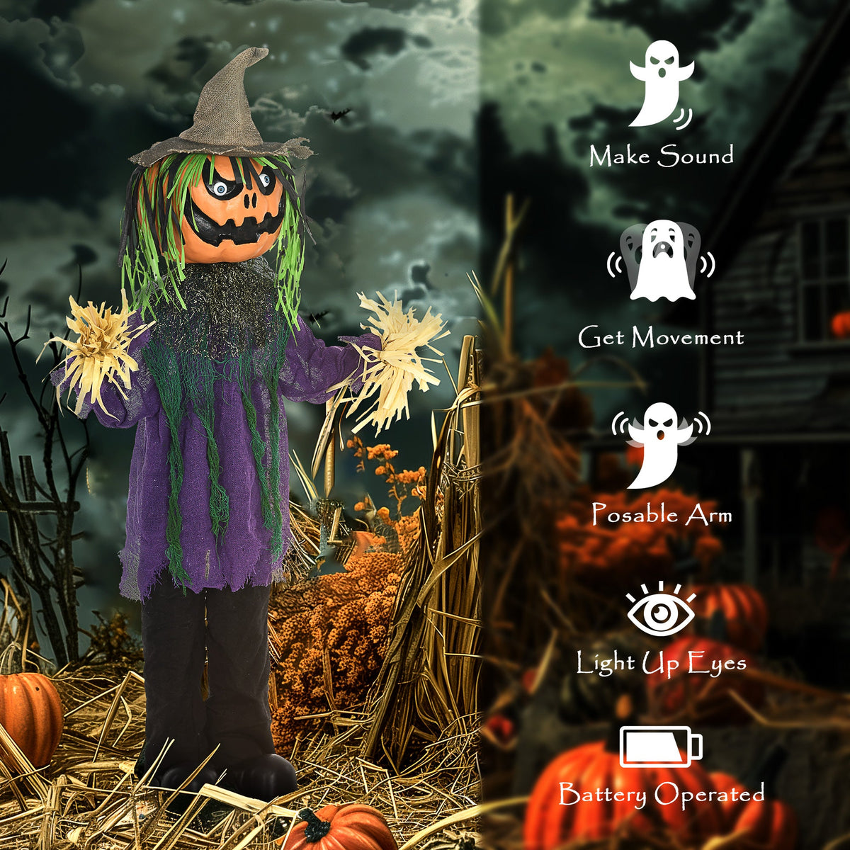 The Halloween animatronic with text about its functions
