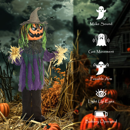 The Halloween animatronic with text about its functions