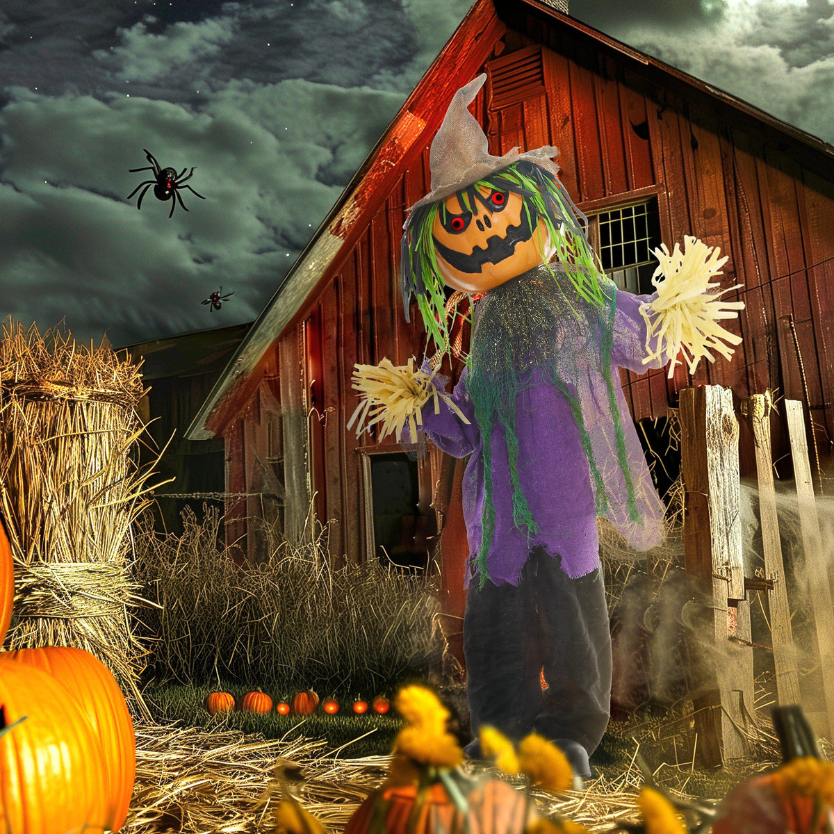 The Halloween animatronic in a rustic outdoor setting with pumpkins