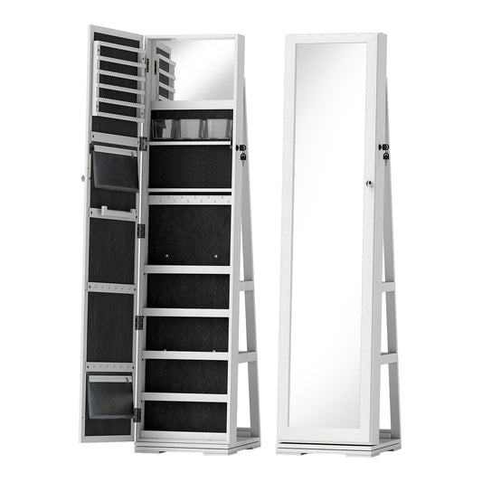 HOMCOM 360 degrees Swivel Jewellery Cabinet shown open with storage and closed with mirror