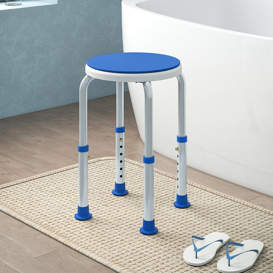 The shower stool in a bathroom setting on a bath mat next to a shower