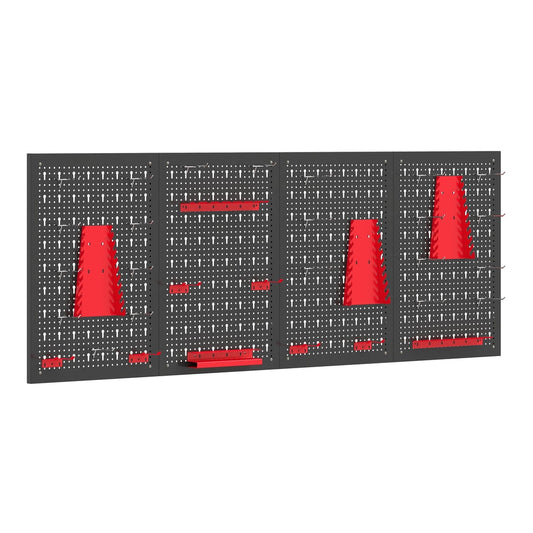 HOMCOM 38 Pcs Wall-Mounted Pegboard with 4 Boards, a set of four black pegboards with red tool holders