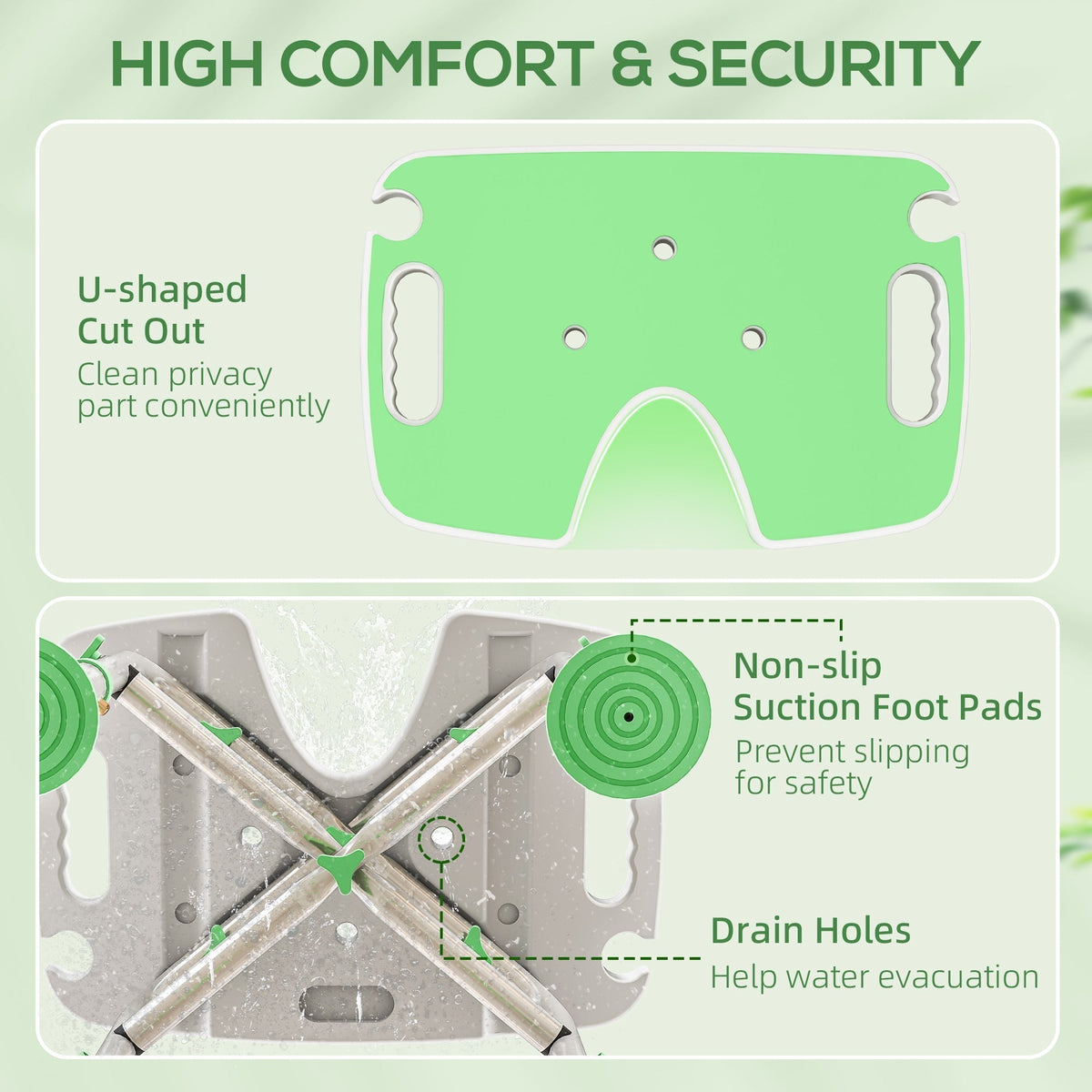Close up of the green padded shower stool showing U-shaped cut out and drain holes
