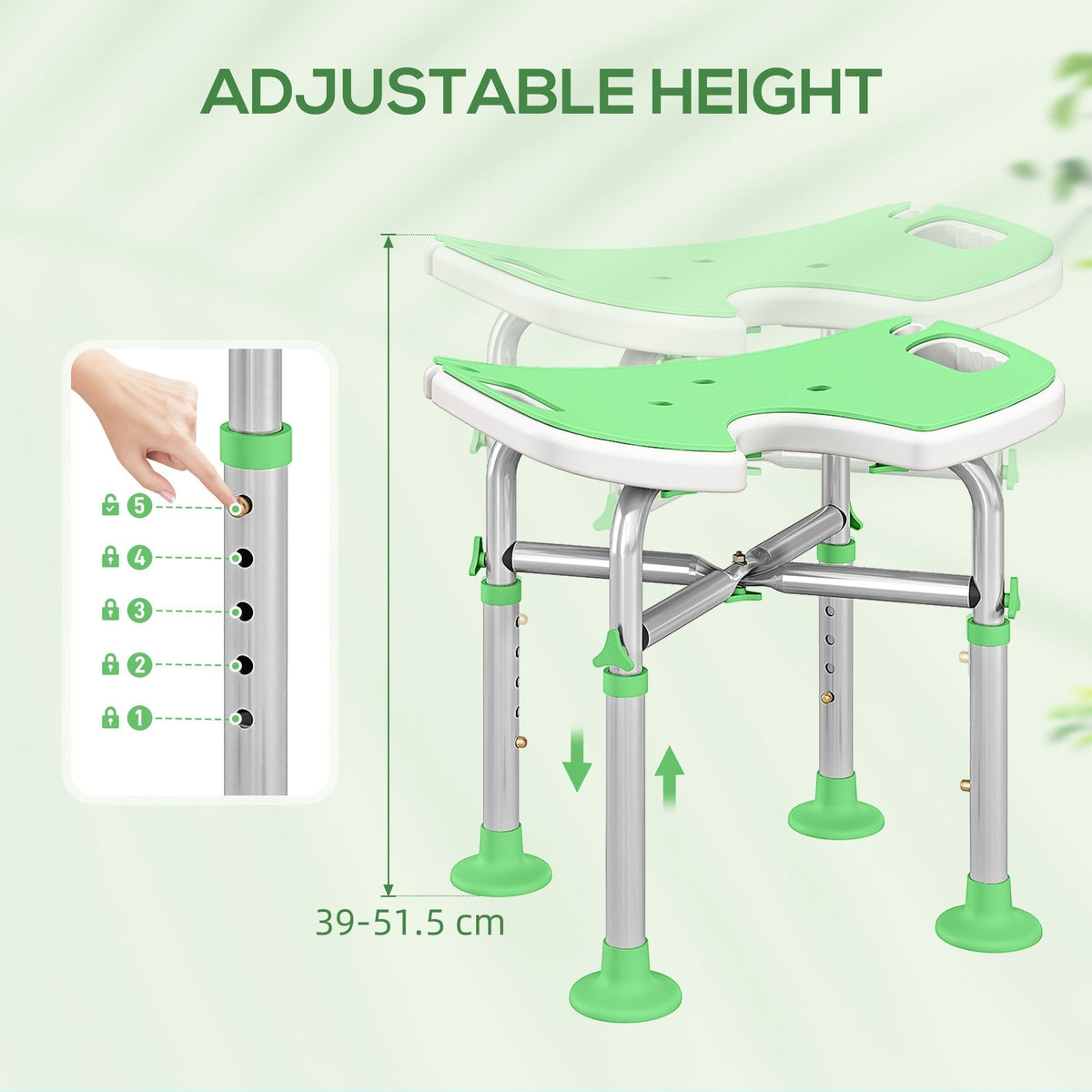 Adjustable height shower stool with height settings shown on the legs