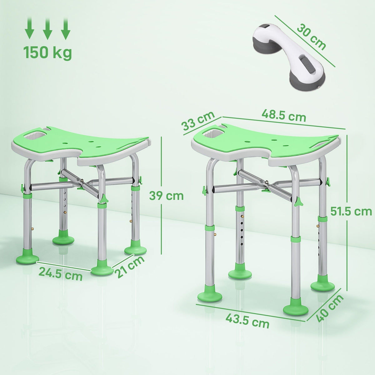 Size diagram of the green padded shower stool with dimensions shown