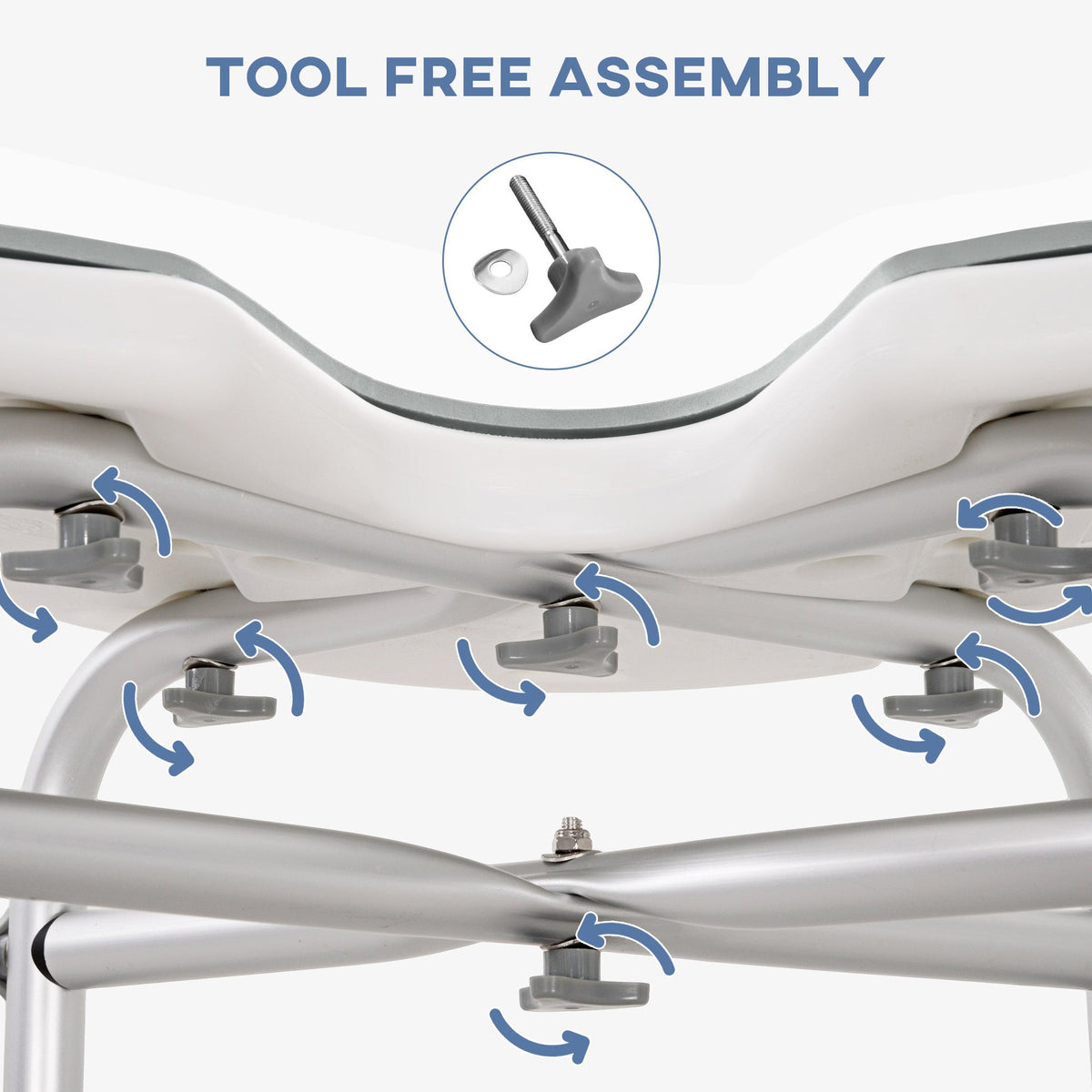 The shower stool showing the tool-free assembly process with screw knobs