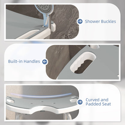 The shower stool showing the built-in handles, shower head slot and padded seat