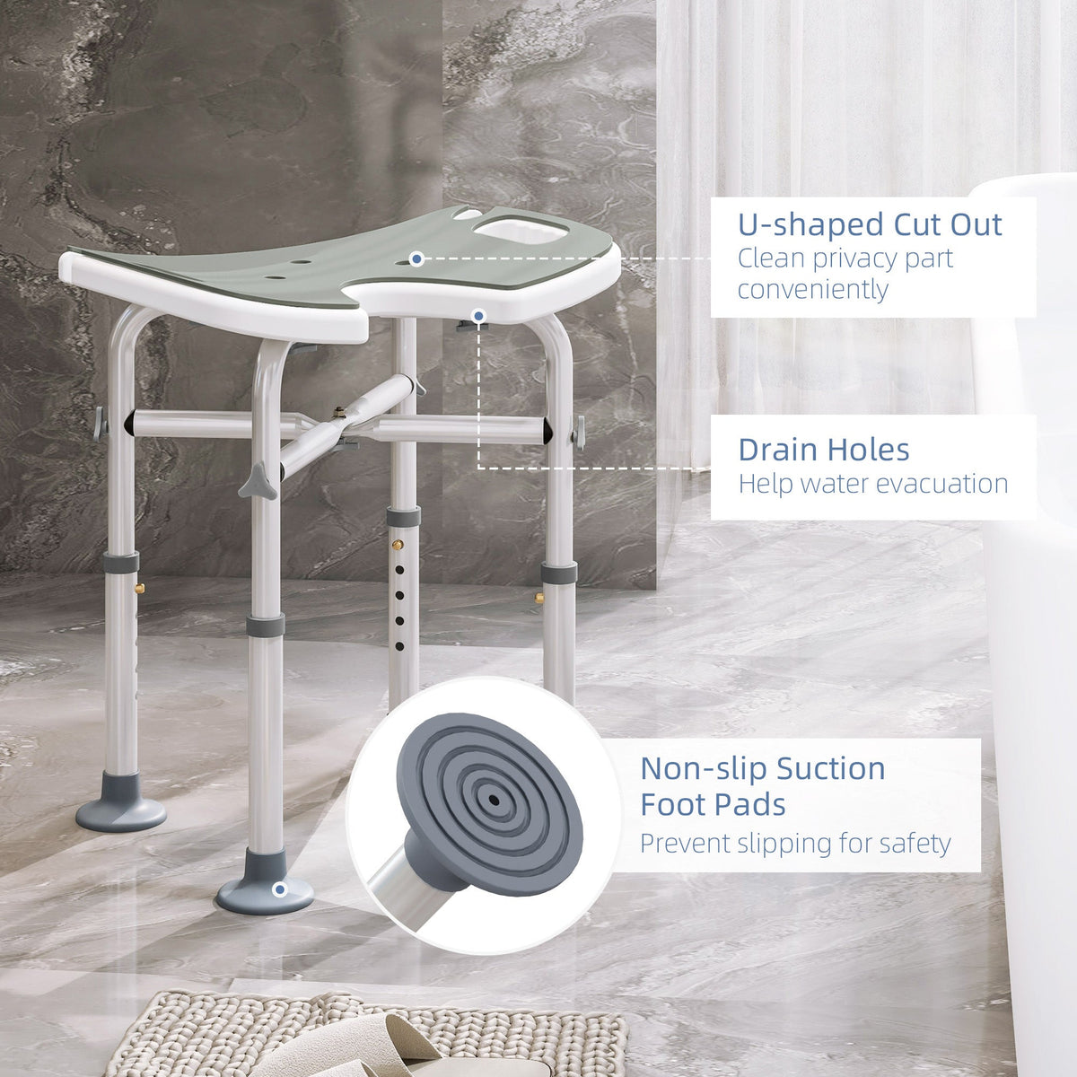 The shower stool highlighting the U-shaped seat, drain holes and suction foot pads