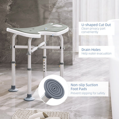 The shower stool highlighting the U-shaped seat, drain holes and suction foot pads