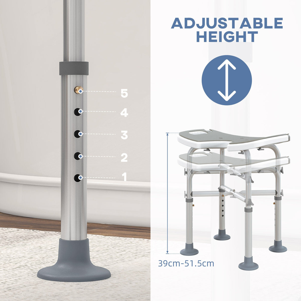 The shower stool showing the adjustable height settings on the metal legs