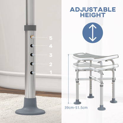 The shower stool showing the adjustable height settings on the metal legs
