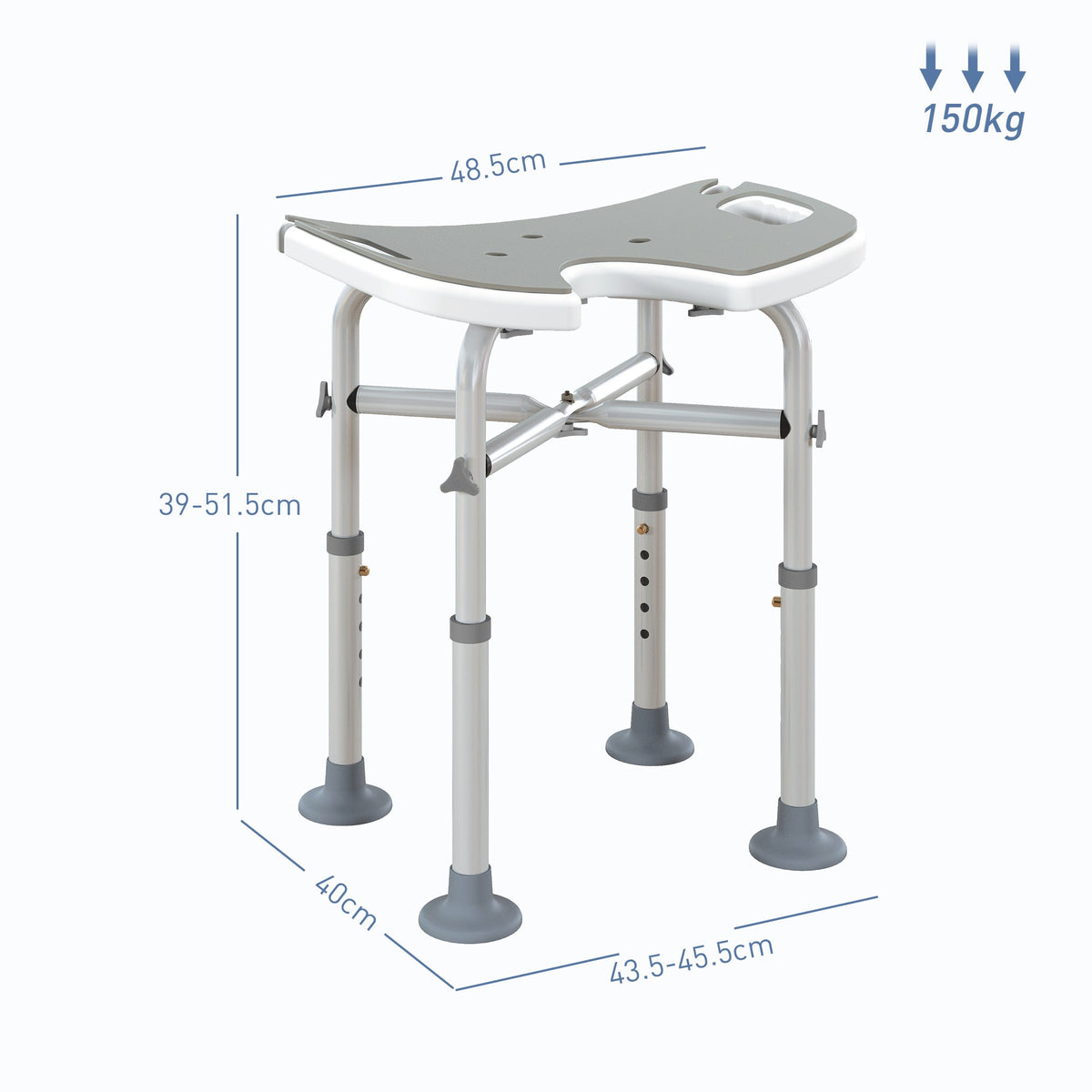 The shower stool showing overall dimensions and weight capacity in a diagram