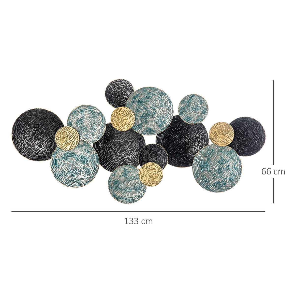 This metal wall art shows a collection of blue, black and gold circles of various sizes