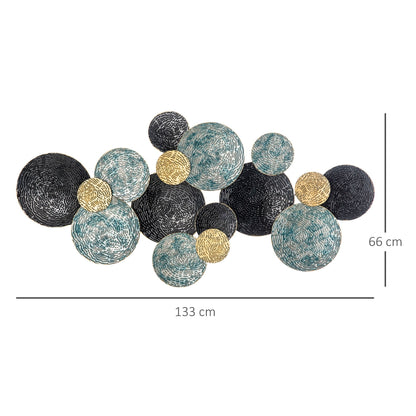 This metal wall art shows a collection of blue, black and gold circles of various sizes