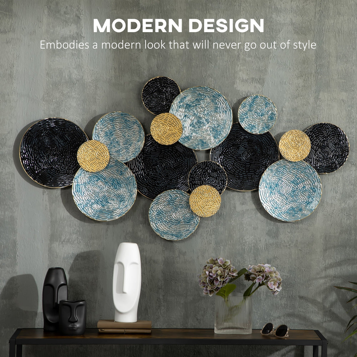 The modern circle wall sculpture is shown mounted on a wall with text 'MODERN DESIGN