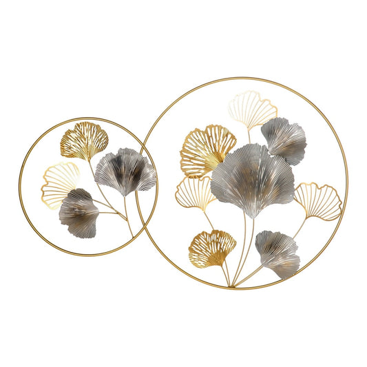 HOMCOM 3D Metal Wall Art Modern Ginkgo Leaves Hanging Wall Sculptures with gold circular frames and ginkgo leaves