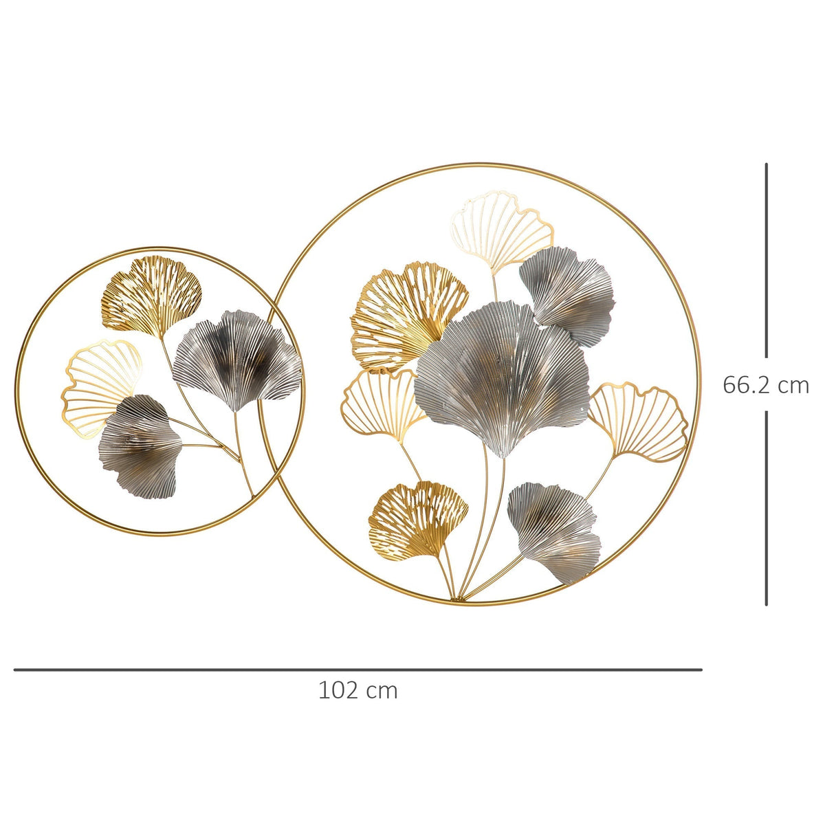 The gold ginkgo leaves wall art with dimensions shown