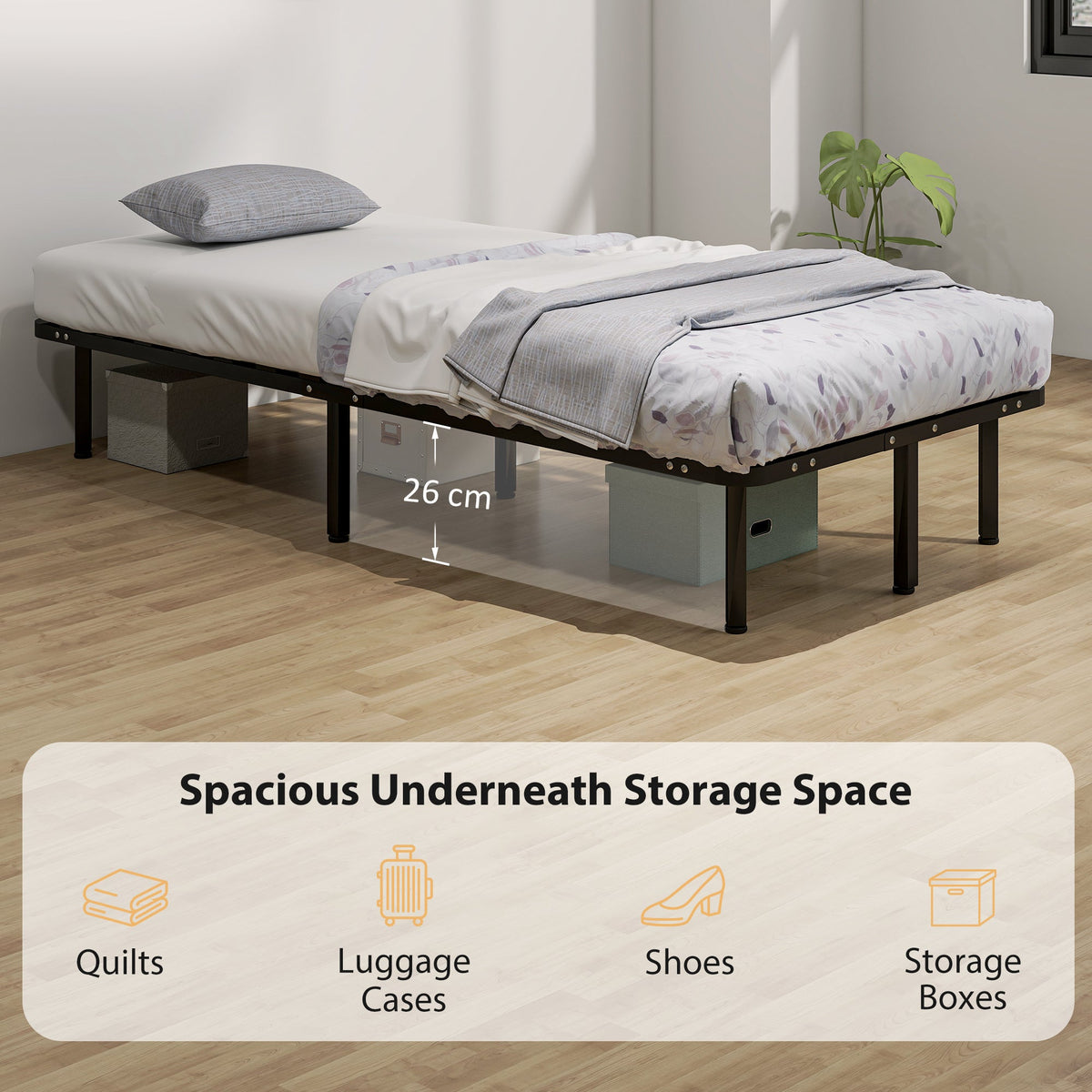 The single metal bed frame showing space underneath for storage
