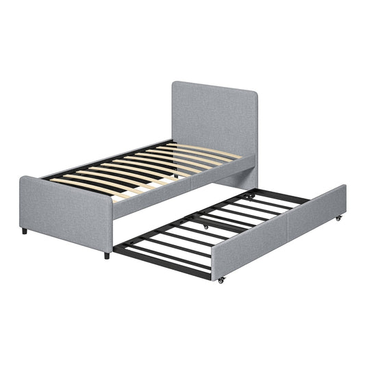 HOMCOM 3ft Single Bed Frame with Trundle, upholstered pull out bed with headboard and footboard in light grey