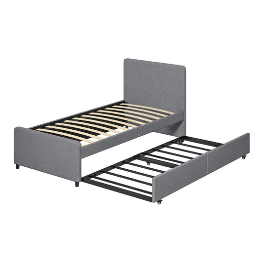 HOMCOM 3ft Single Bed Frame with Trundle, upholstered pull out bed with headboard and footboard in dark grey